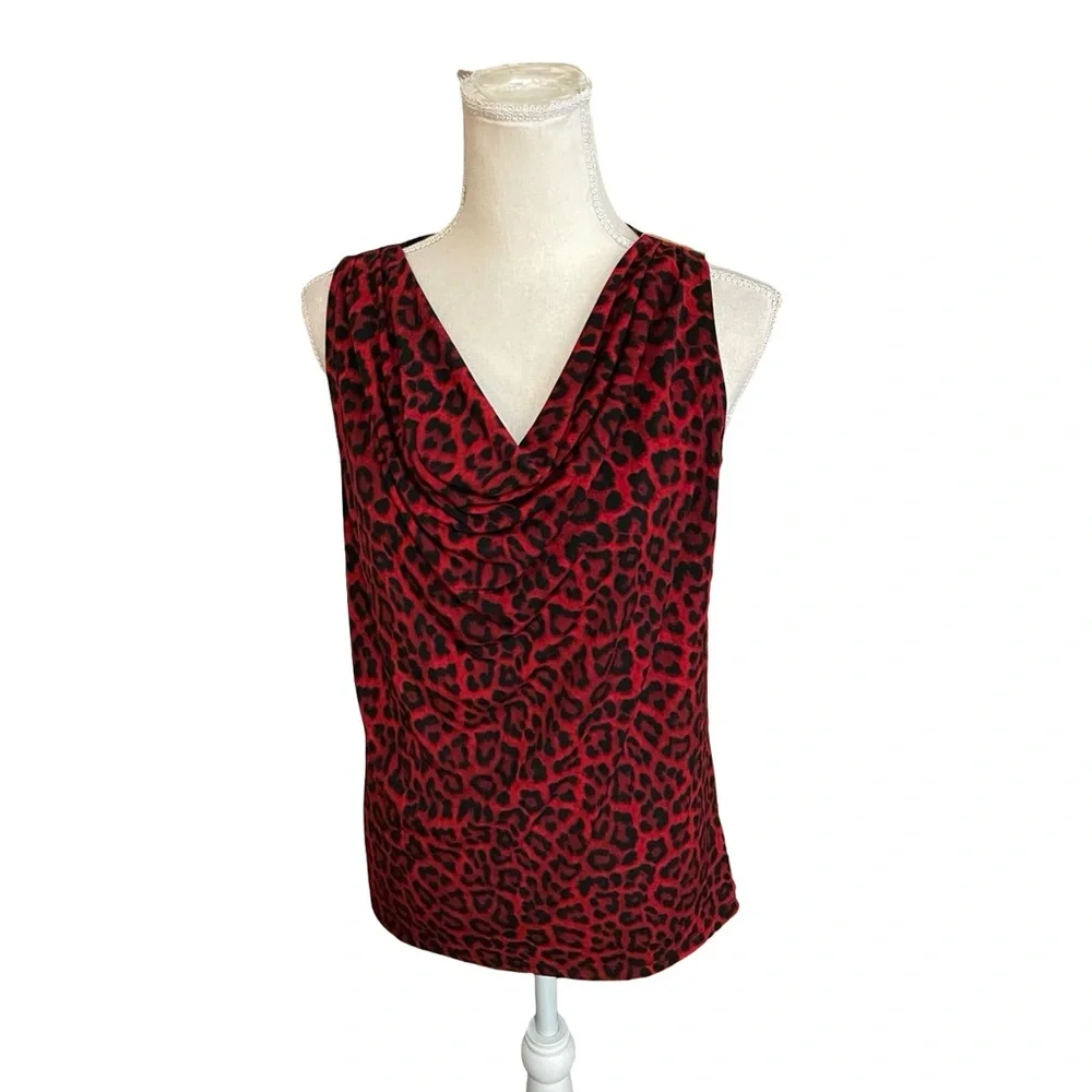 Michael Kors Red Black Animal Print tank top cowl neck SMALL gold bar sleeveless - Picture 6 of 16